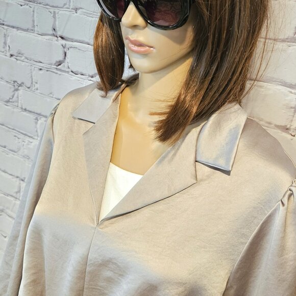 KAREN KANE - Satin front tie long sleeve taupe coloured blouse - Picture 6 of 10